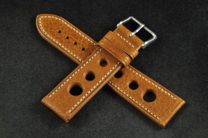 Pasek Rally Skórzany, Jasny brąz, Biała nić, 22mm