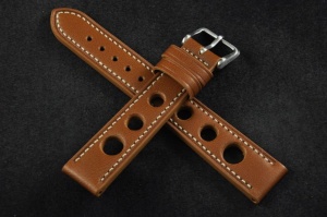 Pasek Rally Skórzany, Jasny brąz, Biała nić, 18mm