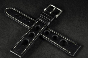 Pasek Rally Skórzany, Czarny, Biała nić, 18mm