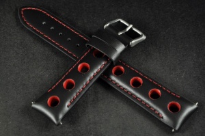 Pasek Rally Skórzany, Czarny, Czerwone dziurki i nić, 20mm