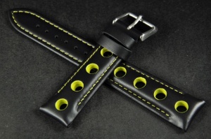 Pasek Rally Skórzany, Czarny, Żółte dziurki i nić, 20mm