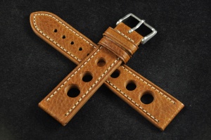 Pasek Rally Skórzany, Jasny brąz, Biała nić, 20mm