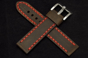 Pasek Skórzany Vintage, Ciemny brąz, Czerwona nić, 22mm