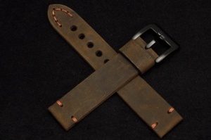 Pasek Skórzany Vintage, Ciemny brąz, Pomarańczowa nić, 22mm