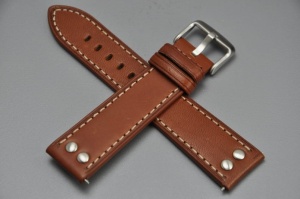 Pasek typu Pilot z nitami, Skórzany, Brązowy, 22mm