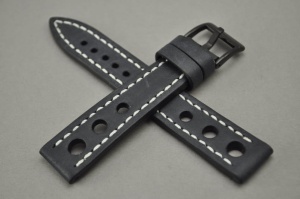 Pasek Skórzany Vintage, Rally, Czarny, Biała nić, 20mm