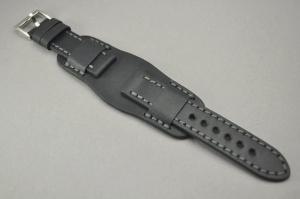 Pasek Skórzany Vintage z podkładką, Czarny, Szara nić, 22mm