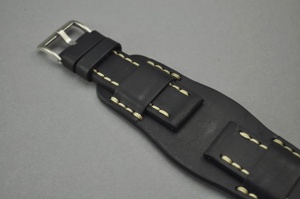 Pasek Skórzany Vintage z podkładką, Czarny, Beżowa nić, 22mm