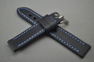 Pasek Skórzany Vintage, Czarny, Niebieska nić, 18mm