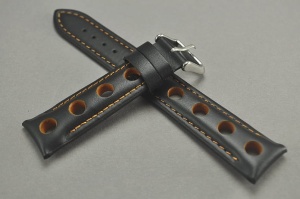 Pasek Rally Skórzany, Czarny, Pomarańczowe dziurki i nić, 20mm