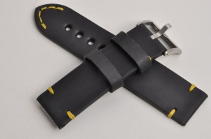 Pasek Skórzany Vintage, Czarny, Żółta  nić, 24mm