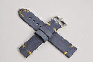 Pasek Skórzany Vintage, Niebieski, Żółta nić, 22mm