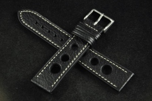 Pasek Rally Skórzany, Czarny, Biała nić, 20mm