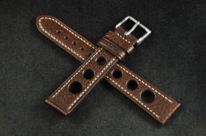 Pasek Rally Skórzany, Ciemny brąz, Biała nić, 18mm