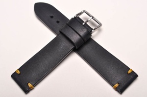 Pasek Skórzany Vintage, Czarny, Żółta nić, 22mm