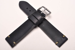 Pasek Skórzany Vintage, Czarny, Oliwkowa nić, 22mm