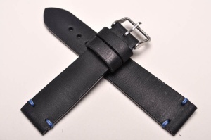 Pasek Skórzany Vintage, Czarny, Niebieska nić, 22mm