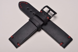 Pasek Skórzany Vintage, Czarny, Czerwona nić, 22mm