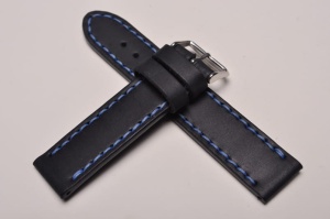 Pasek Skórzany Vintage, Czarny, Niebieska nić, 22mm
