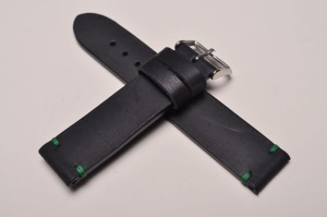 Pasek Skórzany Vintage, Czarny, Jasnozielona nić, 24mm