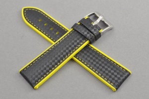 Pasek wodoodporny, Skóra i Silikon, wzór carbonu, Czarno-żółty, 22mm 