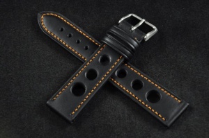 Pasek Rally Skórzany, Czarny, Pomarańczowa nić, 20mm