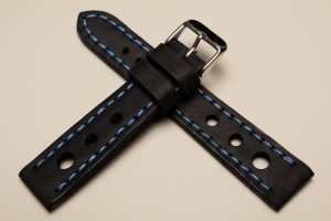Pasek Skórzany Vintage, Rally, Czarny, Niebieska nić, 20mm