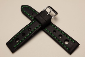 Pasek Skórzany Vintage, Rally, Czarny, Zielona nić, 20mm