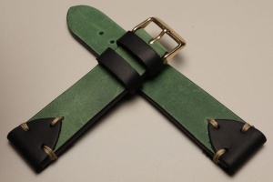 Pasek Skórzany Vintage ozdobny, Zielony, Beżowa nić, 22mm