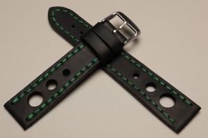 Pasek Skórzany Vintage, Rally, Czarny, Zielona nić, 22mm