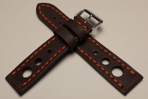 Pasek Skórzany Vintage, Rally, Brązowy, Pomarańczowa nić, 22mm