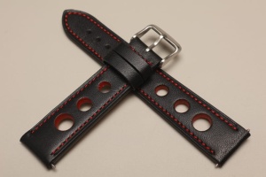 Pasek Rally Skórzany, Czarny, Czerwone dziurki i nić, 22mm