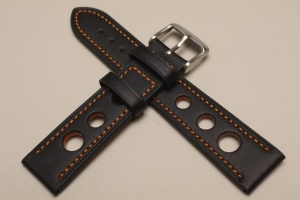 Pasek Rally Skórzany, Czarny, Pomarańczowe dziurki i nić, 22mm