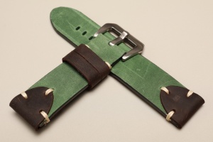 Pasek Skórzany Vintage ozdobny, Zielony, Beżowa nić, 24mm