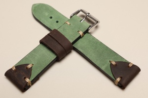 Pasek Skórzany Vintage ozdobny, Zielony, Beżowa nić, 22mm