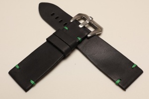 Pasek Skórzany Vintage, Czarny, Zielona nić, 26mm