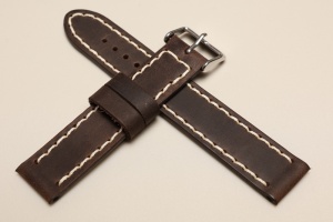 Pasek Skórzany Vintage, Ciemny brąz, Beżowa nić, 20mm
