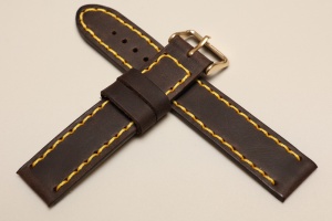 Pasek Skórzany Vintage, Ciemny brąz, Żółta nić, 20mm