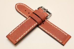 Pasek Skórzany Vintage, Brązowy jasny, Biala nić, 22mm