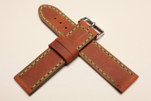 Pasek Skórzany Vintage, Brązowy, Zielona nić, 24mm, XL