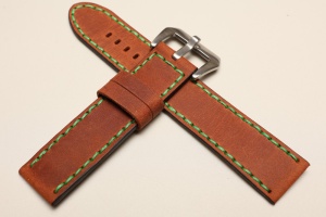 Pasek Skórzany Vintage, Brązowy, Zielona nić, 24mm, XL