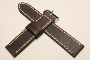 Pasek Skórzany Vintage, Brązowy ciemny, Beżowa nić, 24mm, XL