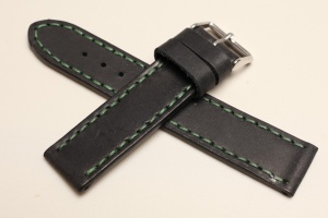 Pasek Skórzany Vintage, Czarny, Ciemnozielona nić, 22mm