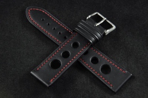 Pasek Rally Skórzany, Czarny, Czerwona nić, 22mm