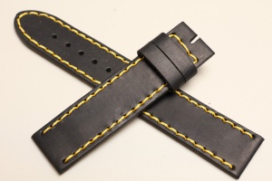 Pasek Skórzany Vintage, Czarny, Żółta nić, 24mm, XL