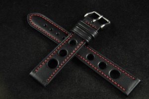 Pasek Rally Skórzany, Czarny, Czerwona nić, 18mm