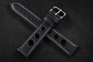 Pasek Rally Skórzany, Granatowy, Biała nić, 18mm