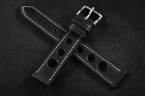 Pasek Rally Skórzany, Czarny, Biała nić, 18mm