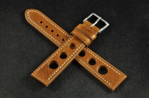 Pasek Rally Skórzany, Jasny brąz, Biała nić, 18mm