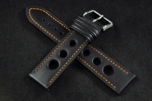 Pasek Rally Skórzany, Czarny, Pomarańczowa nić, 22mm